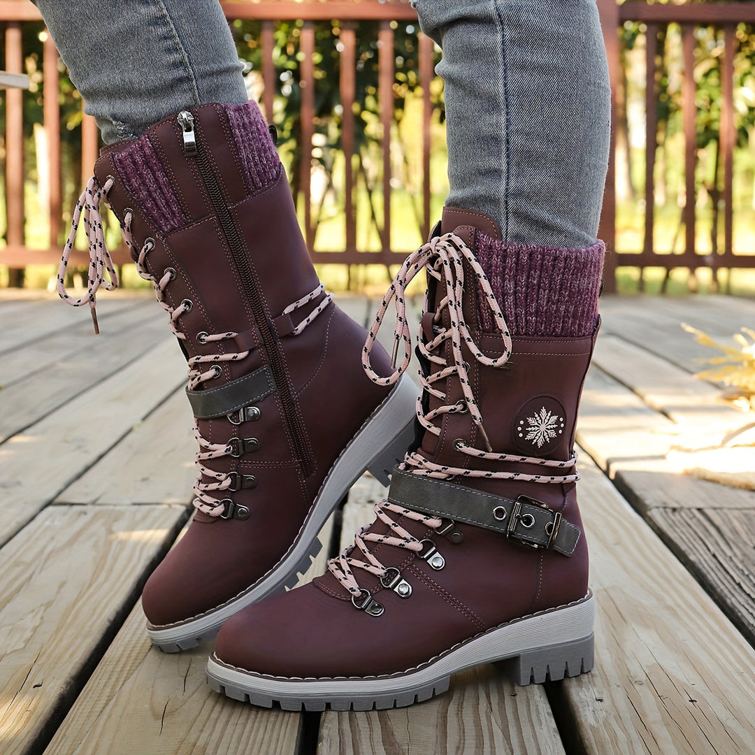 Cordelia™ | Knit-cuff buckle-strapped lace-up hiking boots