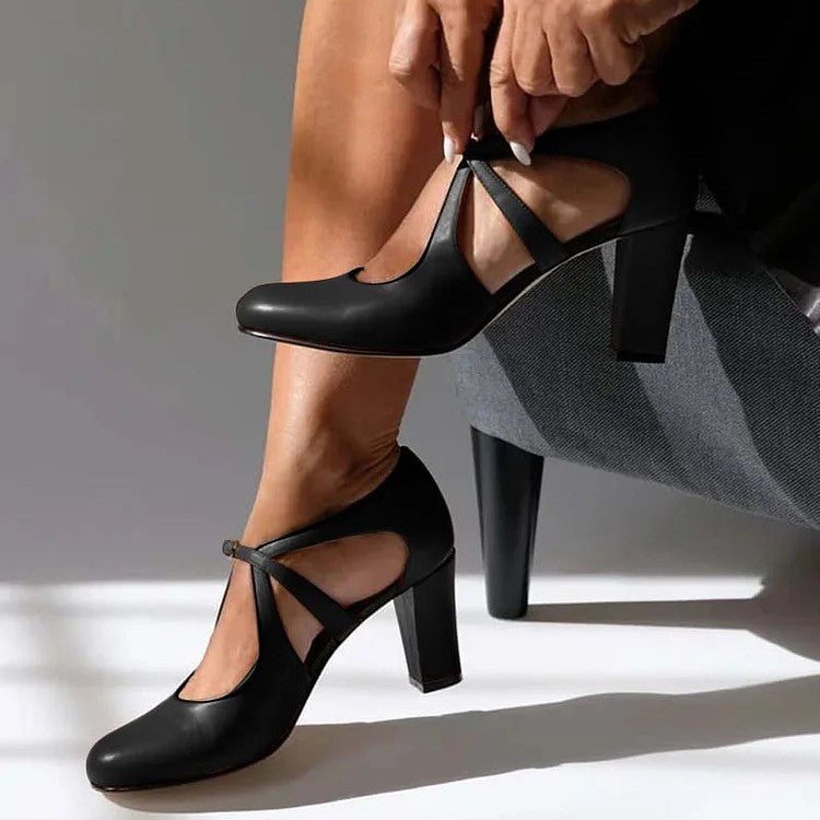 Cross-Strap Elegant Block-Heel Leather Pumps