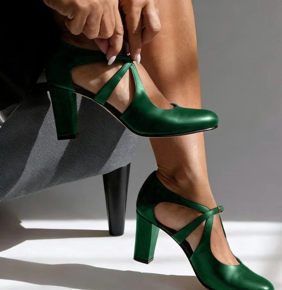 Cross-Strap Elegant Block-Heel Leather Pumps