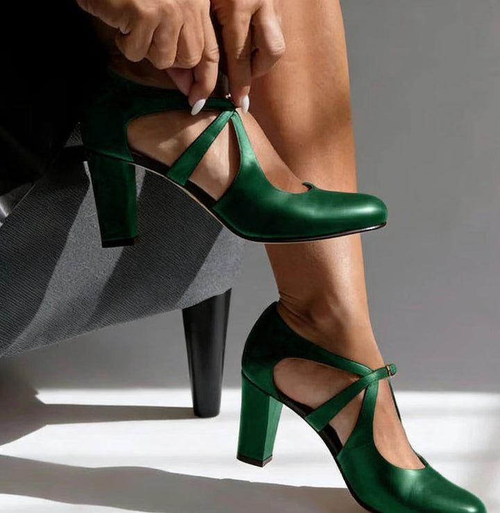 Cross-Strap Elegant Block-Heel Leather Pumps